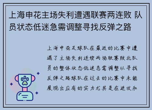 上海申花主场失利遭遇联赛两连败 队员状态低迷急需调整寻找反弹之路