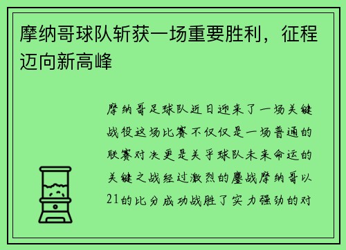 摩纳哥球队斩获一场重要胜利，征程迈向新高峰
