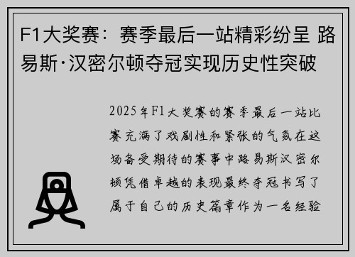 F1大奖赛：赛季最后一站精彩纷呈 路易斯·汉密尔顿夺冠实现历史性突破